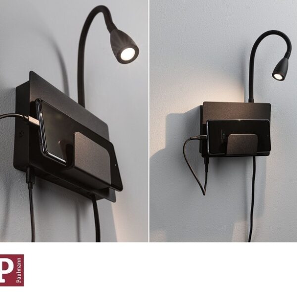 STENSKA LED SVETILKA HALINA S STIKALOM IN USB VHODOM 2,4W 3000K BELA ALI ČRNA